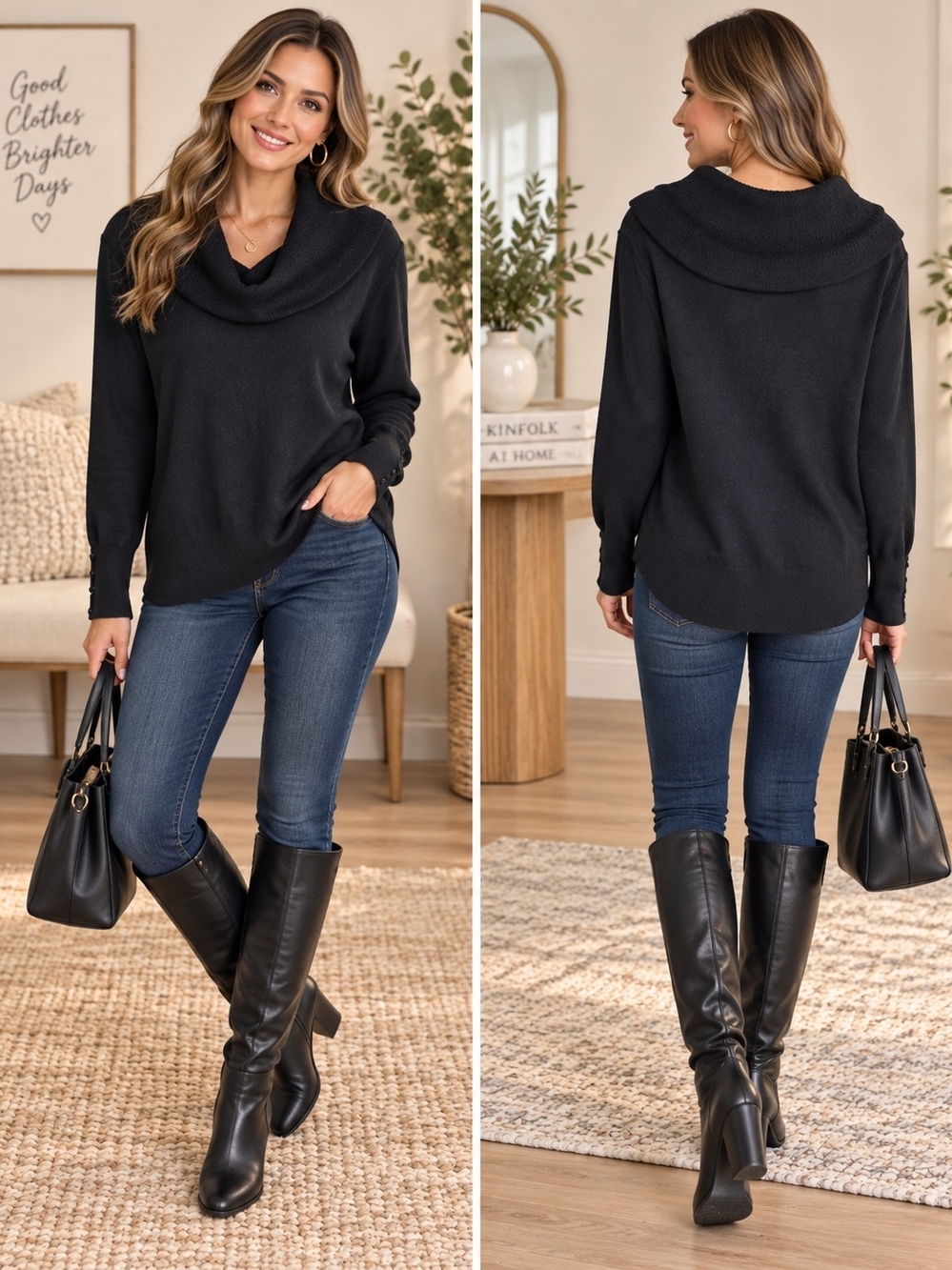 NWT JM Collection Black Knit Draped Cowl Neck Sweater - Size Large